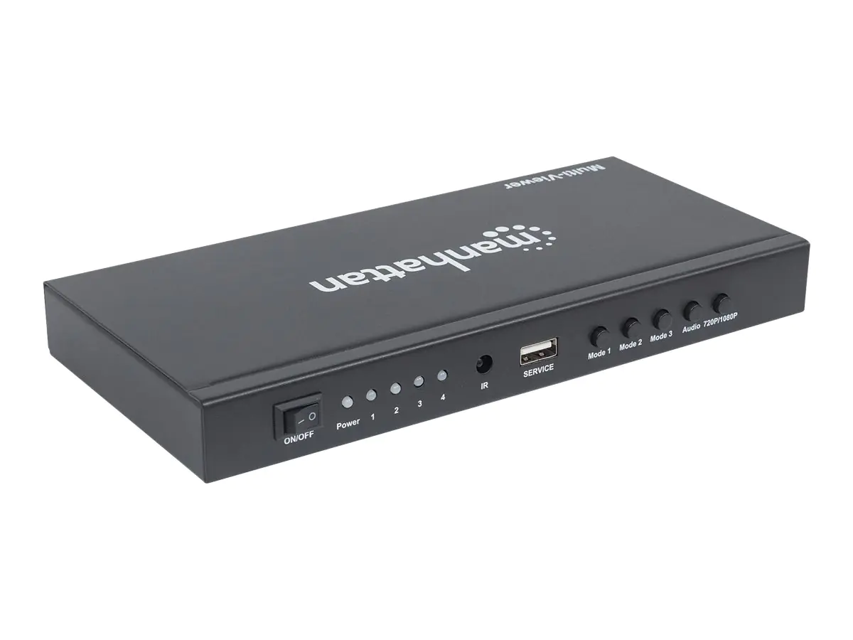Manhattan 1080p 4-Port HDMI Multiviewer Switch, Switch with Four Inputs on One Display, Video Bandwidth Amplifier, Remote Control, Black, Three Year Warranty, Box - Video/Audio-Schalter - 4 x HDMI - Desktop