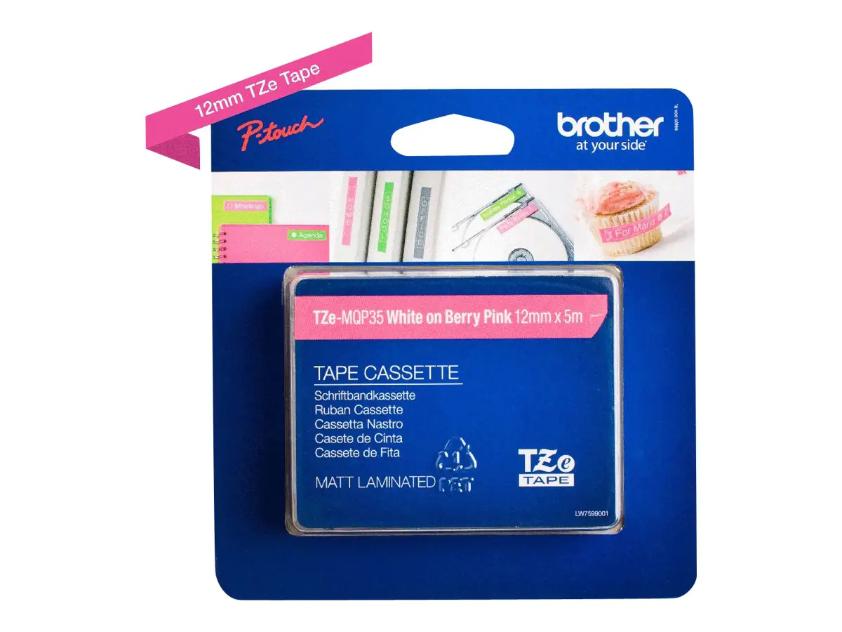 Brother TZe-MQP35 - Standard-Klebstoff - Weiß auf Berry Pink - Rolle (1,2 cm x 5 m) TZEMQP35