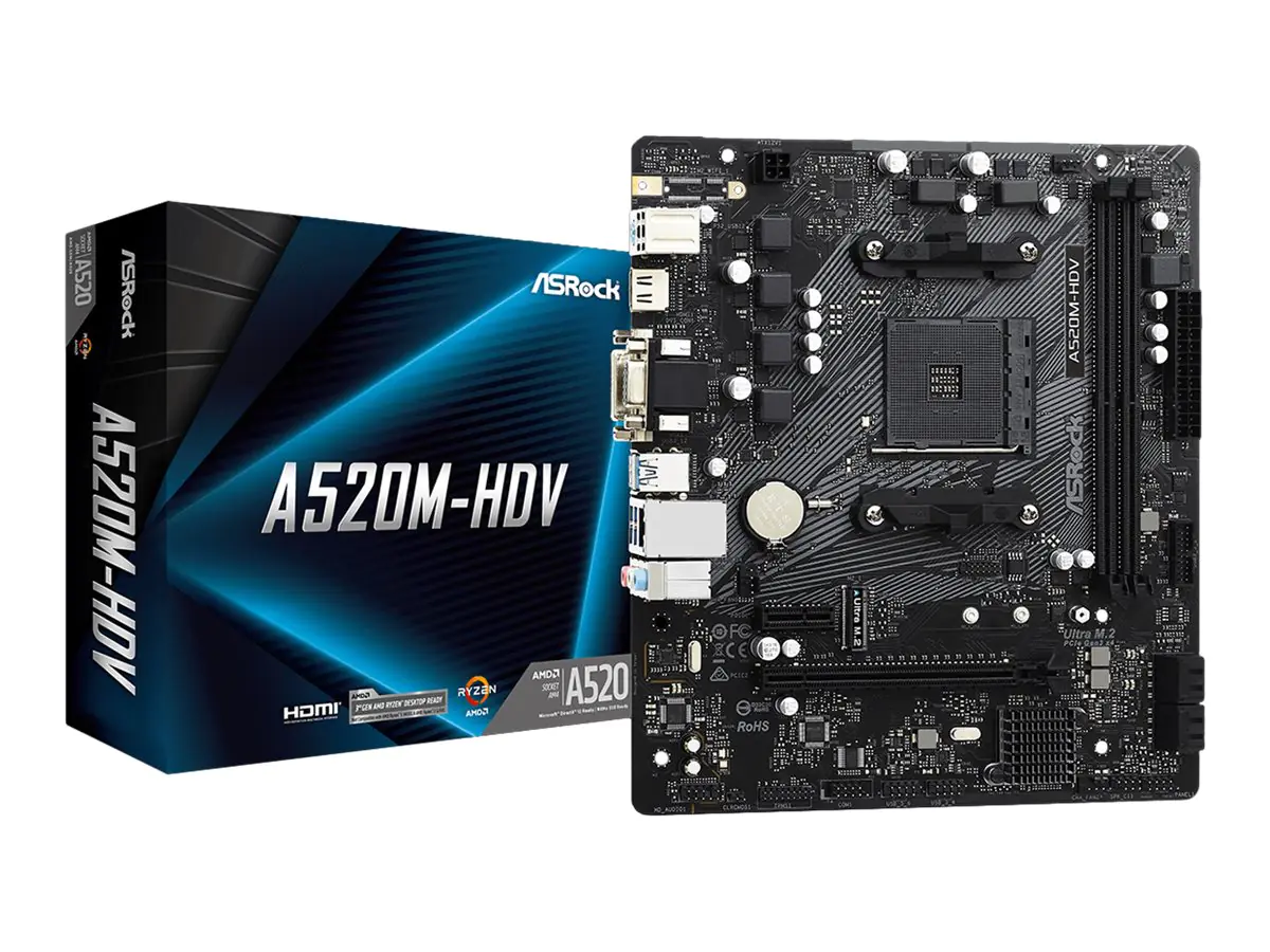 ASRock A520M-HDV - Motherboard - micro ATX - Socket AM4 - AMD A520 Chipsatz - USB 3.2 Gen 1 - Gigabit LAN - Onboard-Grafik (CPU erforderlich) - HD Audio (8-Kanal) ASRock A520M-HDV - Motherboard - micro ATX - Socket AM4 - AMD A520 Chipsatz - USB 3.2 Gen 1 - Gigabit LAN - Onboard-Grafik (CPU erforderlich) - HD Audio (8-Kanal)