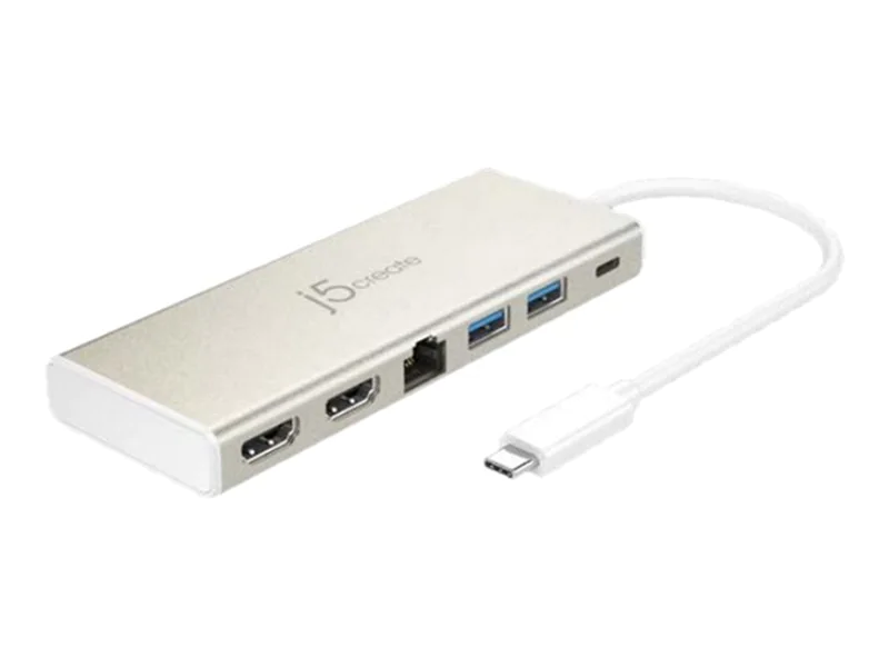 j5create JCD381-N USB Type-C™ Dual HDMI Mini Dock-Ethernet/ USB 3.1 HUB / PD2.0, USB 3.2 Gen 1 (3.1 Gen 1) Type-C, 60 W, 10,100,1000 Mbit/s, Beige, Weiß, 4K Ultra HD, 30 Hz