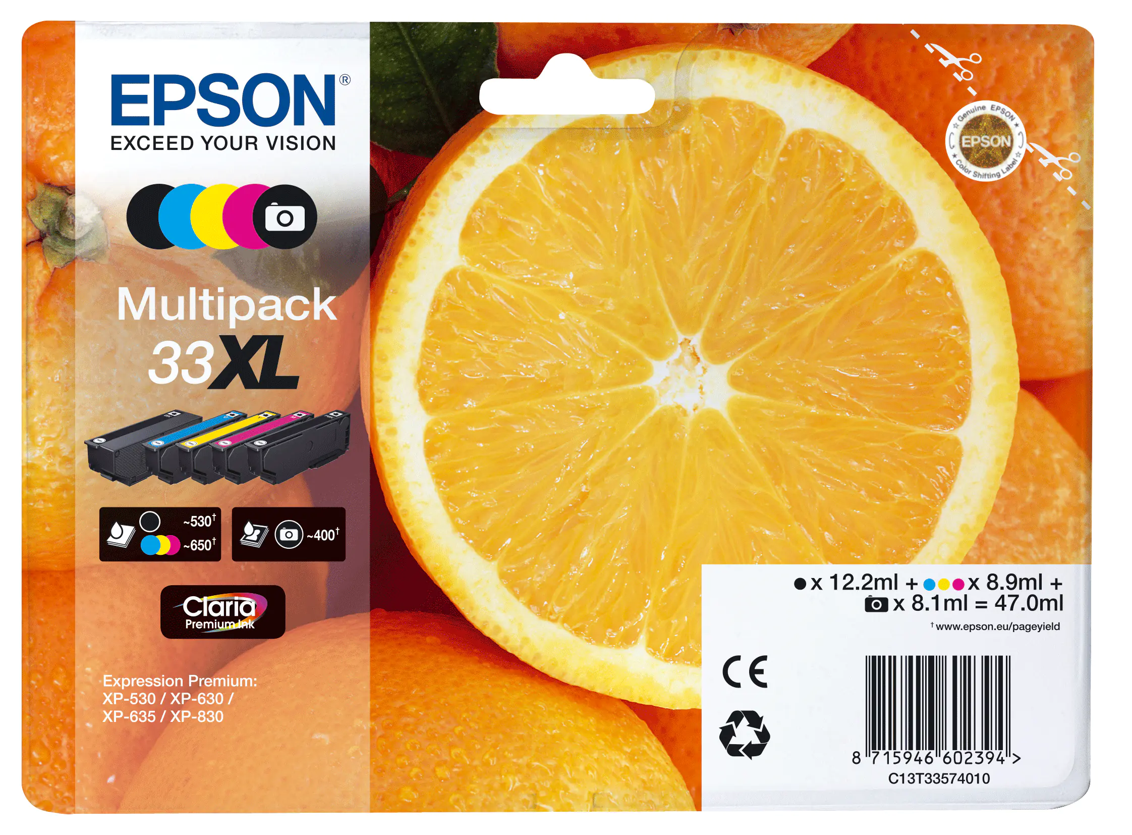 Epson 33XL Multipack - 5er-Pack - 47 ml - XL - Schwarz, Gelb, Cyan, Magenta, Photo schwarz - Original - Blisterverpackung - Tintenpatrone - für Expression Premium XP-530, XP-630, XP-635, XP-640, XP-645, XP-830, XP-900 Epson 33XL Multipack - 5er-Pack - 47 ml - XL - Schwarz, Gelb, Cyan, Magenta, Photo schwarz - Original - Blisterverpackung - Tintenpatrone - für Expression Premium XP-530, XP-630, XP-635, XP-640, XP-645, XP-830, XP-900