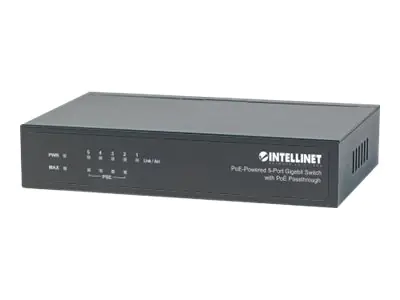Intellinet 5-Port PoE+ Gigabit Switch mit PoE-Passthrough, 4 x PSE PoE-Ports, 1 x PD PoE-Port, IEEE 802.3at/af Power-over-Ethernet (PoE+/PoE), IEEE 802.3az Energy Efficient Ethernet, Desktop - Switch - 1 x 10/100/1000 + 4 x 10/100/1000 (PoE) - Desktop - P