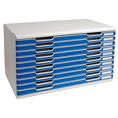 Exacompta Schubladenbox MODULO 10 Schubladen DIN A3+ Polystyrol Gehäusefarbe: lichtgrau Farbe der Schublade: blau