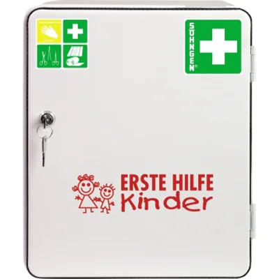 SÖHNGEN® Verbandschrank Kindergarten gefüllt Spezialfüllung Kita-Vorschulalter bis 6 Jahre, überwiegend aluderm®-, aluderm®-aluplast Kinder-Verbandstoffe in kindgerechten Größen Stahlblech weiß