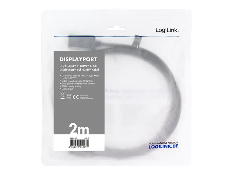 LogiLink - Adapterkabel - DisplayPort männlich zu HDMI männlich - 2 m - Schwarz - 4K Unterstützung