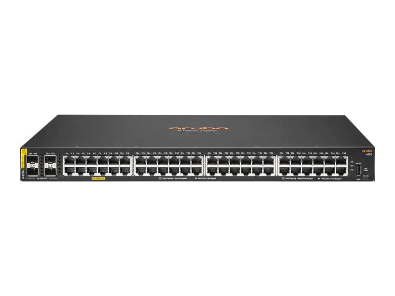 HPE Aruba 6100 48G Class4 PoE 4SFP+ 370W Switch - Switch - managed - 48 x 10/100/1000 (PoE+) + 4 x 1 Gigabit / 10 Gigabit SFP+ - Seite-zu-Seite-Luftstrom - an Rack montierbar - PoE+ (370 W) HPE Aruba 6100 48G Class4 PoE 4SFP+ 370W Switch - Switch - managed - 48 x 10/100/1000 (PoE+) + 4 x 1 Gigabit / 10 Gigabit SFP+ - Seite-zu-Seite-Luftstrom - an Rack montierbar - PoE+ (370 W)