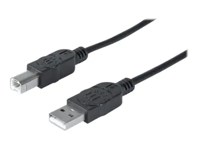 Manhattan USB-A to USB-B Cable, 1m, Male to Male, 480 Mbps (USB 2.0), Hi-Speed USB, Black, Lifetime Warranty, Polybag - USB-Kabel - USB (M) zu USB Typ B (M) - USB 2.0 - 1 m - geformt - Schwarz