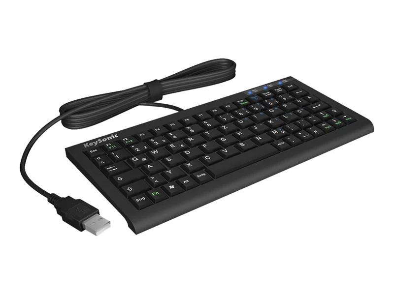KeySonic ACK-3401U (DE) Super-Mini-Tastatur, SoftSkin, USB, schwarz, Mini, Kabelgebunden, USB, Membran Key Switch, QWERTZ, Schwarz 60382