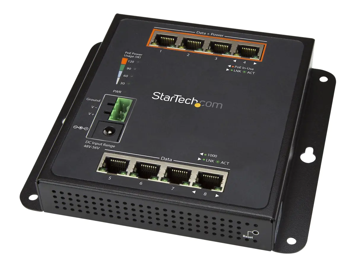 StarTech 8 Port POE Managed Ethernet Switch - 30W per PoE+ Port - Industrieller managed Wandmontage Netzwerk Switch - Switch - managed - 4 x 10/100/1000 + 4 x 10/100/1000 (PoE+) - wandmontierbar - PoE+ (120 W) - Gleichstrom