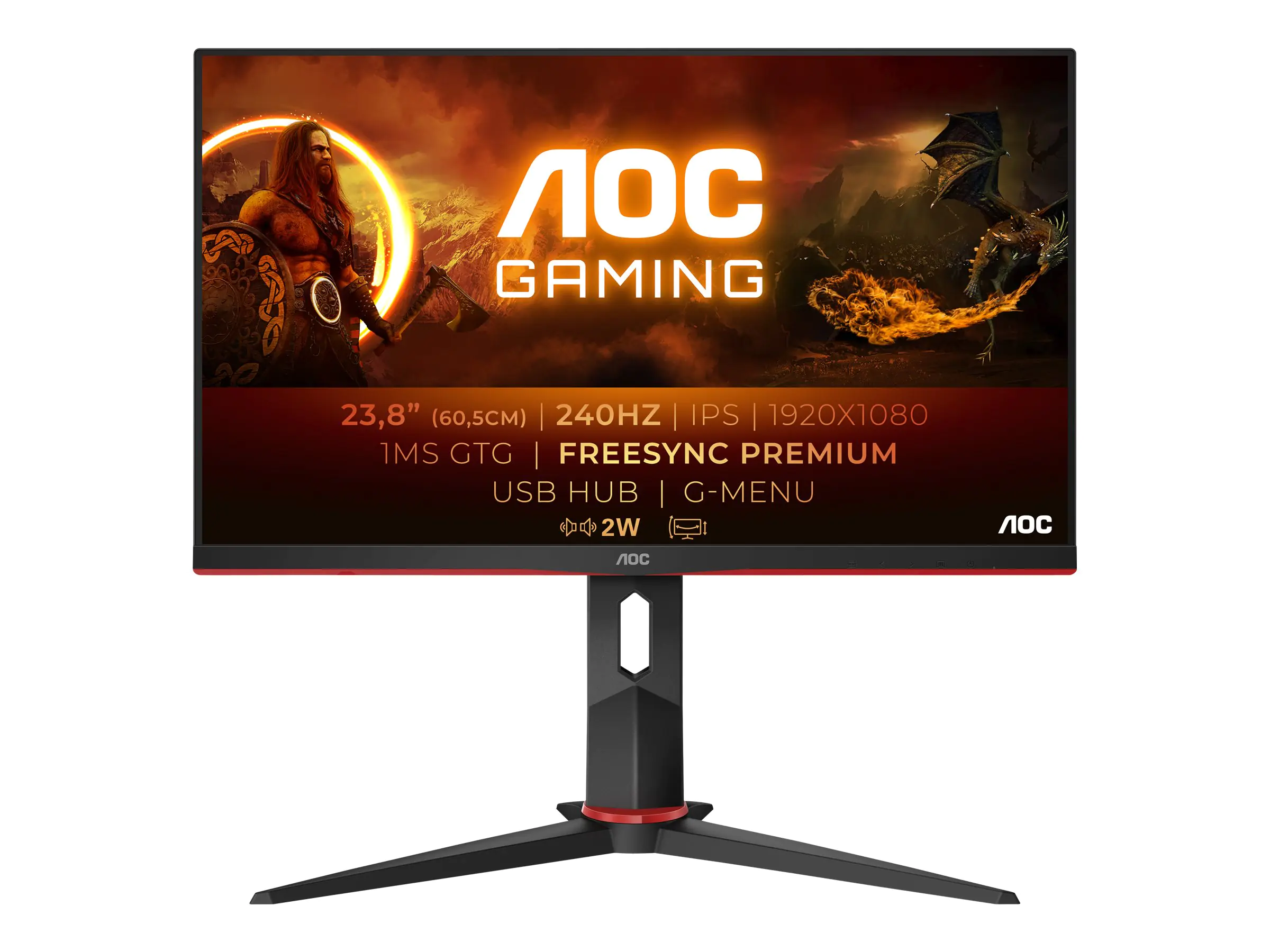 AOC Gaming 24G2ZU/BK - LED-Monitor - Gaming - 60.5 cm (23.8") - 1920 x 1080 Full HD (1080p) @ 240 Hz - IPS - 350 cd/m² - 1000:1 - 0.5 ms - 2xHDMI, DisplayPort - Lautsprecher - Schwarz, Rot