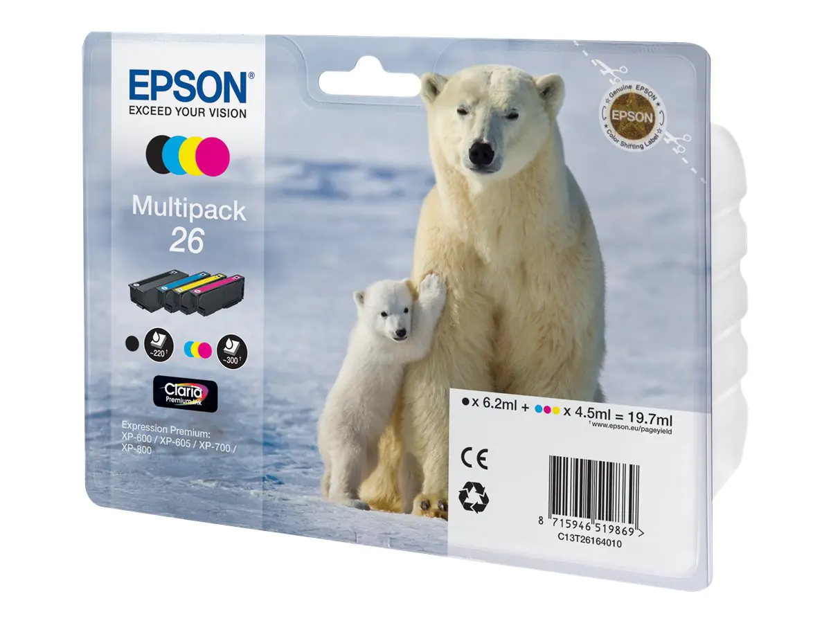Epson 26 Multipack - 4er-Pack - Schwarz, Gelb, Cyan, Magenta - Original - Tintenpatrone - für Expression Premium XP-510, 520, 600, 605, 610, 615, 620, 625, 700, 710, 720, 800, 810, 820 Epson 26 Multipack - 4er-Pack - Schwarz, Gelb, Cyan, Magenta - Original - Tintenpatrone - für Expression Premium XP-510, 520, 600, 605, 610, 615, 620, 625, 700, 710, 720, 800, 810, 820