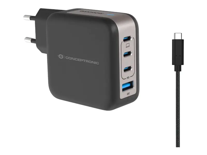 Conceptronic Ladegerät 4Port 100W 3xUSB-C 1xUSB-A+3-in-1 sw