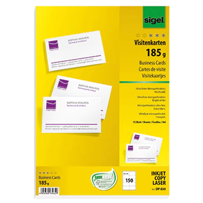 SIGEL Visitenkarte DP830 DIN A4 85x55mm 185g ws 150 St./Pack. SIGEL Visitenkarte DP830 DIN A4 85x55mm 185g ws 150 St./Pack.