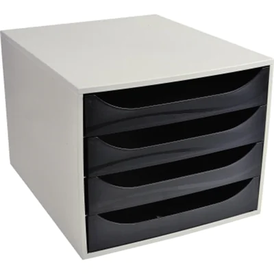 Exacompta Schubladenbox ECOBOX 4 Schubladen DIN A4, Überbreite Polystyrol Gehäusefarbe: grau Farbe der Schublade: schwarz