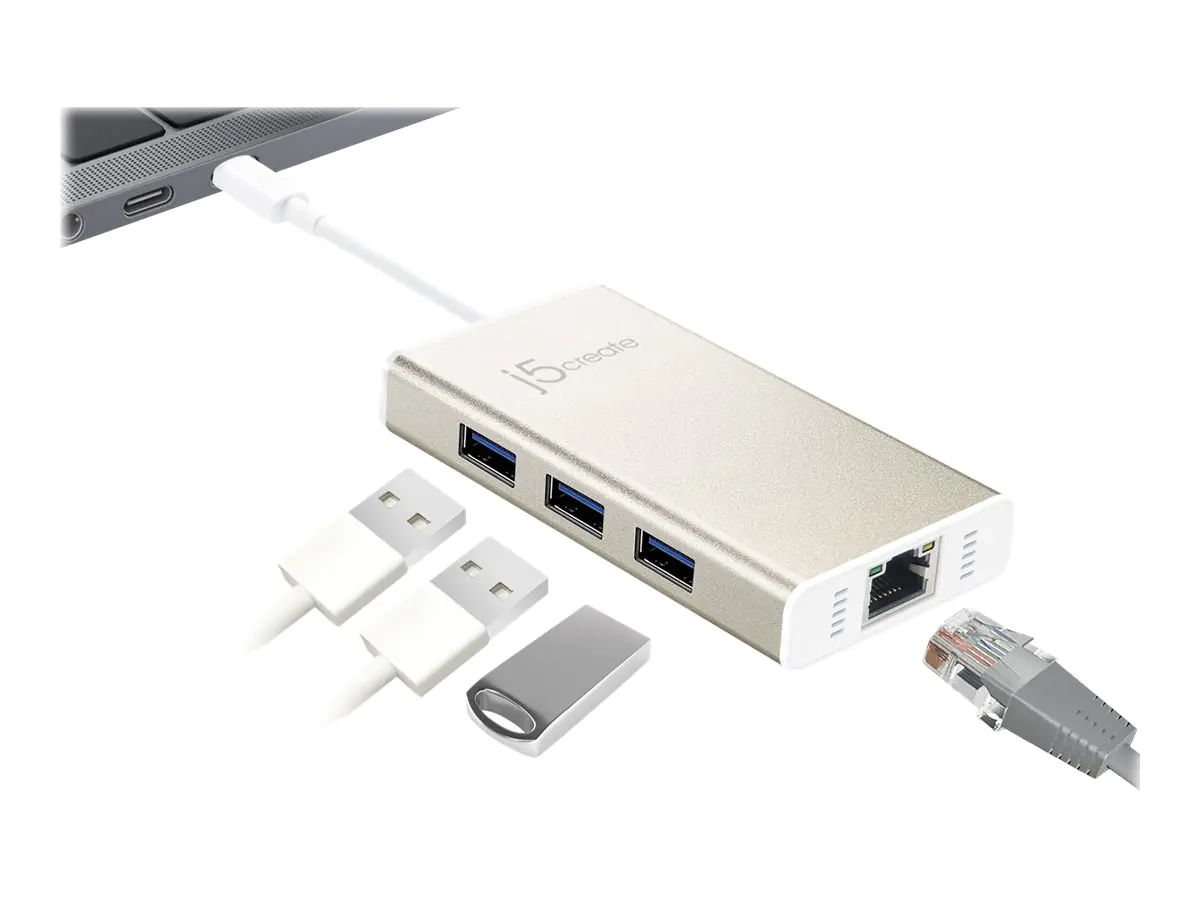 j5create JCH471 - Netzwerkadapter - USB-C - Gigabit Ethernet x 1 + USB 3.0 x 3 - Metallic Champagne