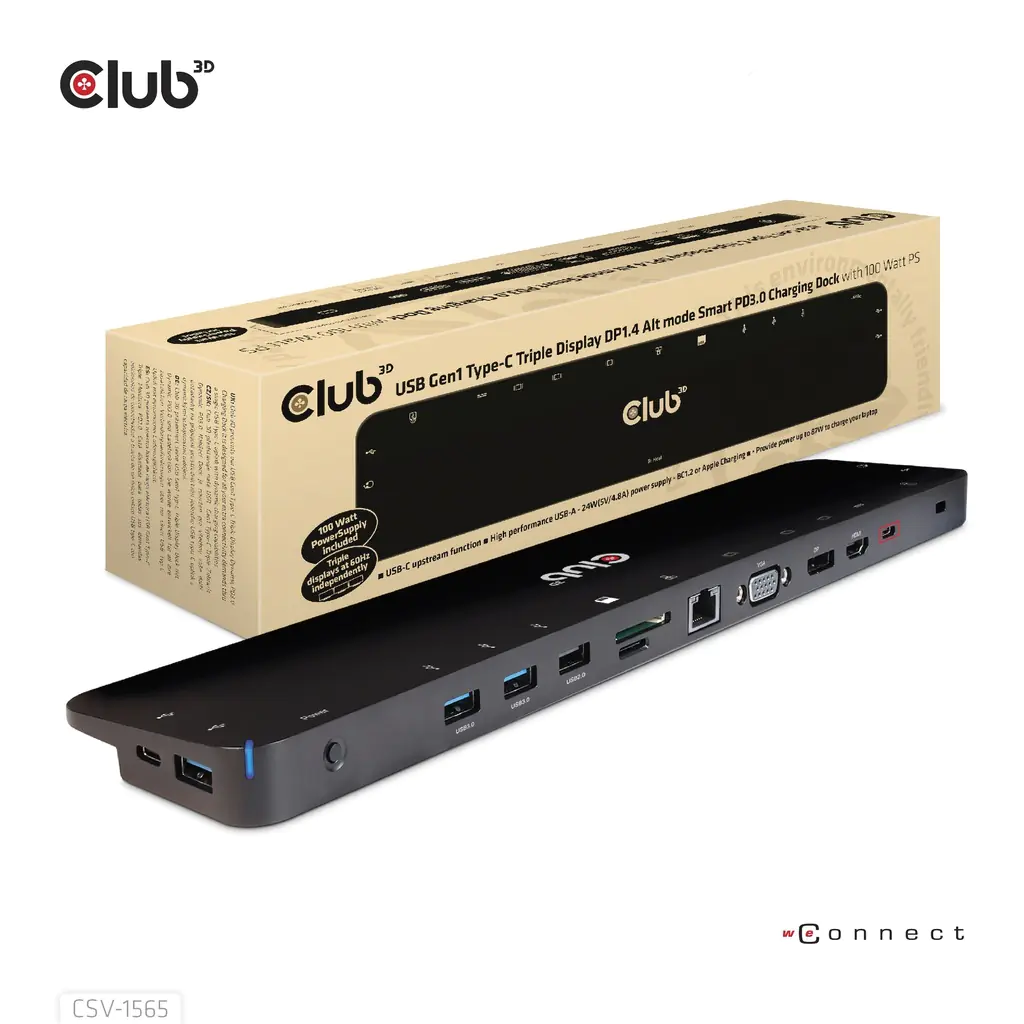 Club 3D Dockingstation USB Gen1 Typ-C Dreifach-Display DP1.4 Alt-Modus Smart PD 3.0 100Watt CSV-1565
