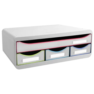 Exacompta Schubladenbox TOOLBOX Mini 4 Schubladen DIN A4 quer Polystyrol Gehäusefarbe: weiß Farbe der Schublade: weiß/harlekin Exacompta Schubladenbox TOOLBOX Mini 4 Schubladen DIN A4 quer Polystyrol Gehäusefarbe: weiß Farbe der Schublade: weiß/harlekin