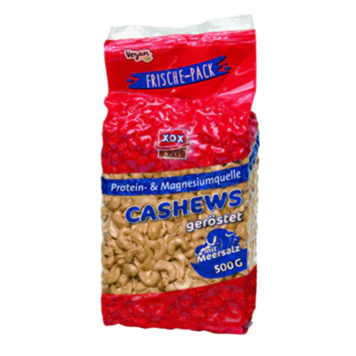 XOX Cashewkerne geröstet/gesalzen 500 g/Pack. XOX Cashewkerne geröstet/gesalzen 500 g/Pack.