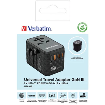 Verbatim Reisenetzteil UTA-05 GaN III 100-250V Polycarbonat schwarz Verbatim Reisenetzteil UTA-05 GaN III 100-250V Polycarbonat schwarz