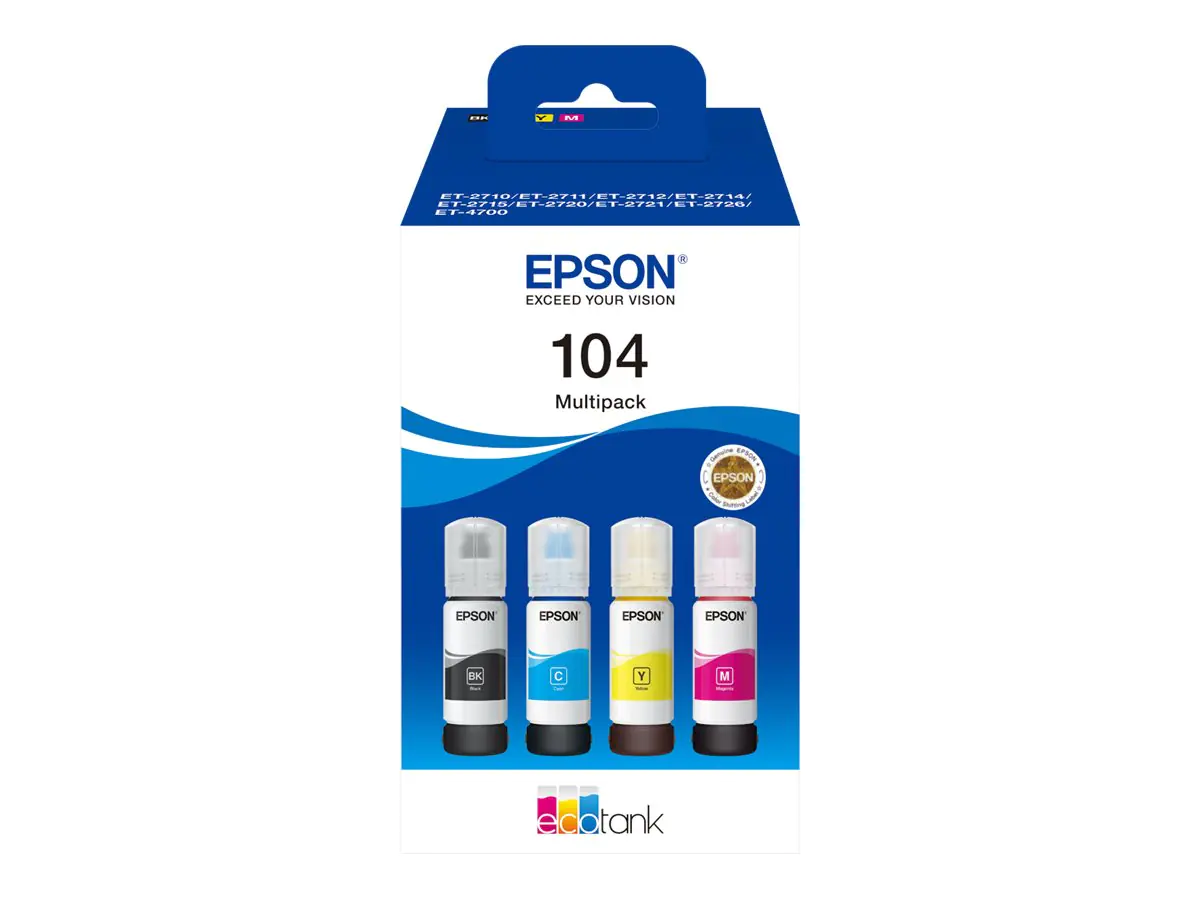 Epson EcoTank 104 - 4er-Pack - Schwarz, Gelb, Cyan, Magenta - original - Nachfülltinte - für EcoTank ET-14100, 1810, 2721, 2810, 2811, 2812, 2814, 2815, 2820, 2821, 2825, 2826, 4800 Epson EcoTank 104 - 4er-Pack - Schwarz, Gelb, Cyan, Magenta - original - Nachfülltinte - für EcoTank ET-14100, 1810, 2721, 2810, 2811, 2812, 2814, 2815, 2820, 2821, 2825, 2826, 4800