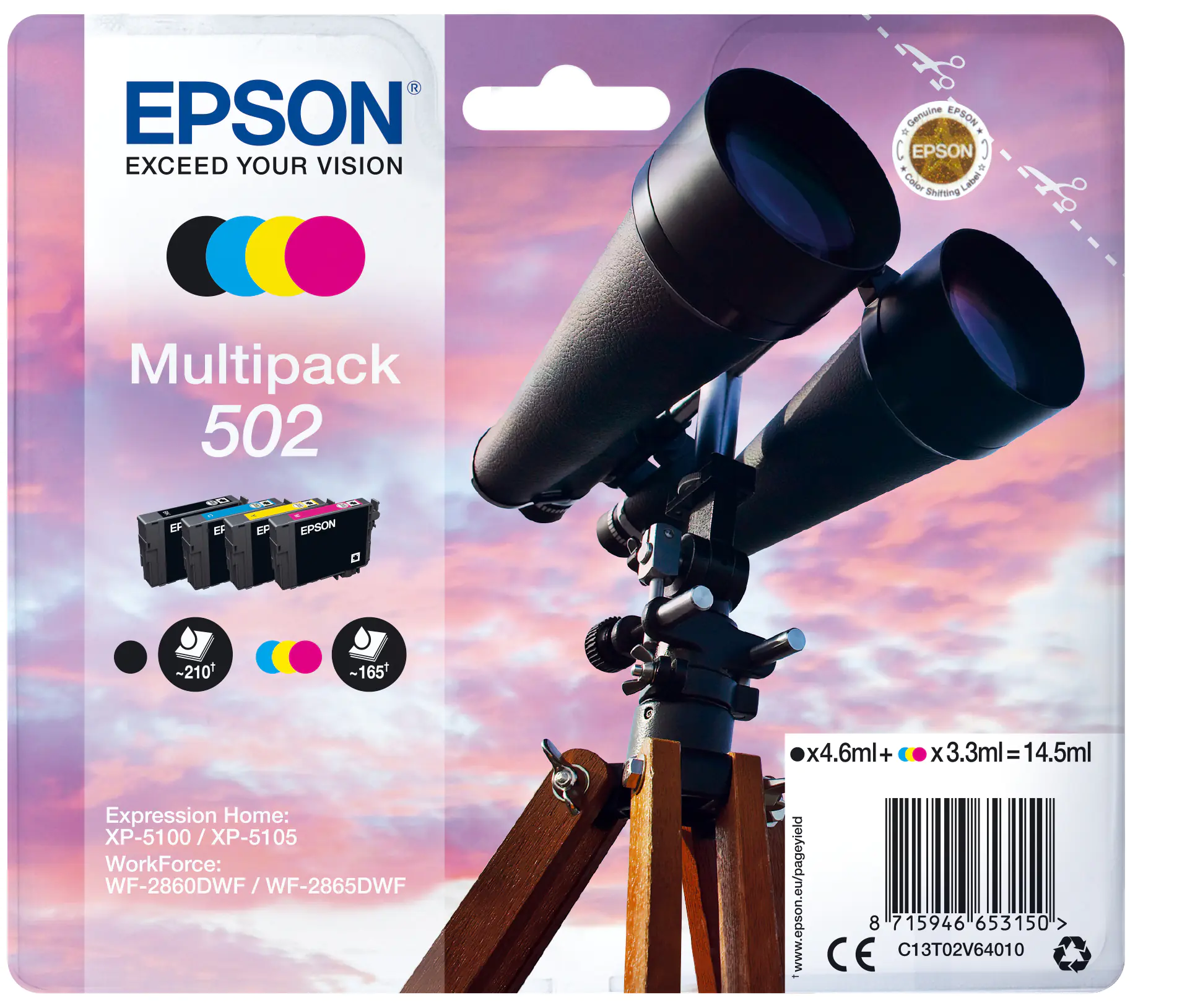 Epson 502 Multipack - 4er-Pack - Schwarz, Gelb, Cyan, Magenta - original - Blisterverpackung - Tintenpatrone - für Expression Home XP-5100, XP-5105, XP-5150, XP-5155; WorkForce WF-2860, WF-2865, WF-2885