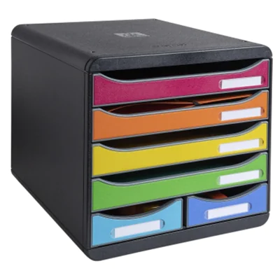 Exacompta Schubladenbox BIG-BOX Maxi 6 Schubladen DIN A4, Überbreite Polystyrol Gehäusefarbe: schwarz Farbe der Schublade: mehrfarbig Exacompta Schubladenbox BIG-BOX Maxi 6 Schubladen DIN A4, Überbreite Polystyrol Gehäusefarbe: schwarz Farbe der Schublade: mehrfarbig