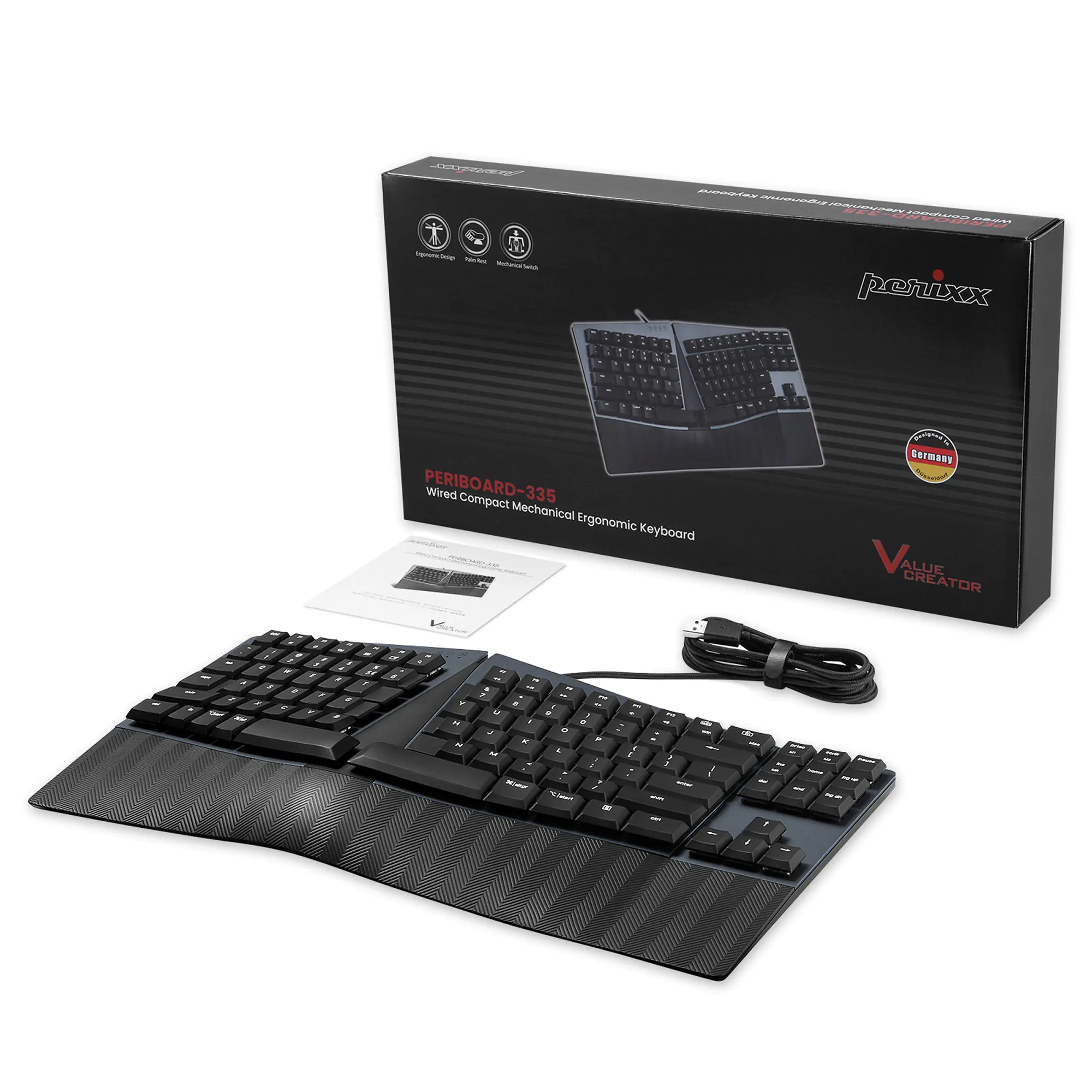 Perixx PERIBOARD-335 DE BL Kabelgebundene ergonomische mechanische kompakte Tastatur - Tasta