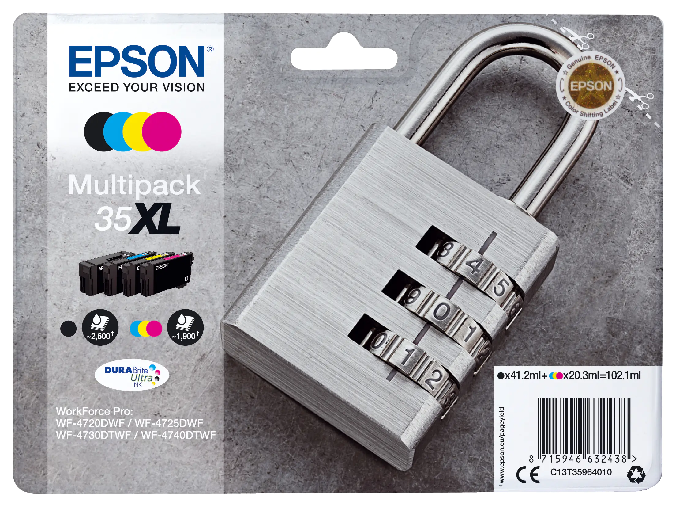 Epson 35XL Multipack - 4er-Pack - XL - Schwarz, Gelb, Cyan, Magenta - Original - Tintenpatrone - für WorkForce Pro WF-4720, WF-4720DWF, WF-4725DWF, WF-4730, WF-4730DTWF, WF-4740, WF-4740DTWF Epson 35XL Multipack - 4er-Pack - XL - Schwarz, Gelb, Cyan, Magenta - Original - Tintenpatrone - für WorkForce Pro WF-4720, WF-4720DWF, WF-4725DWF, WF-4730, WF-4730DTWF, WF-4740, WF-4740DTWF