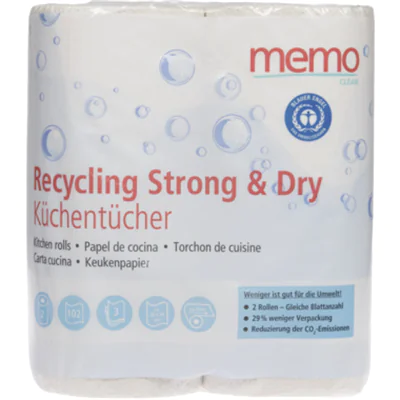 memo Küchenrolle Recycling Strong & Dry 3-lagig Papier, 100 % recycelt weiß 2 Rl./Pack. memo Küchenrolle Recycling Strong & Dry 3-lagig Papier, 100 % recycelt weiß 2 Rl./Pack.