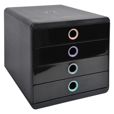 Exacompta Schubladenbox POP-BOX 4 Schubladen DIN A4, Überbreite Polystyrol Gehäusefarbe: schwarz Farbe der Schublade: schwarz/mehrfarbig Exacompta Schubladenbox POP-BOX 4 Schubladen DIN A4, Überbreite Polystyrol Gehäusefarbe: schwarz Farbe der Schublade: schwarz/mehrfarbig