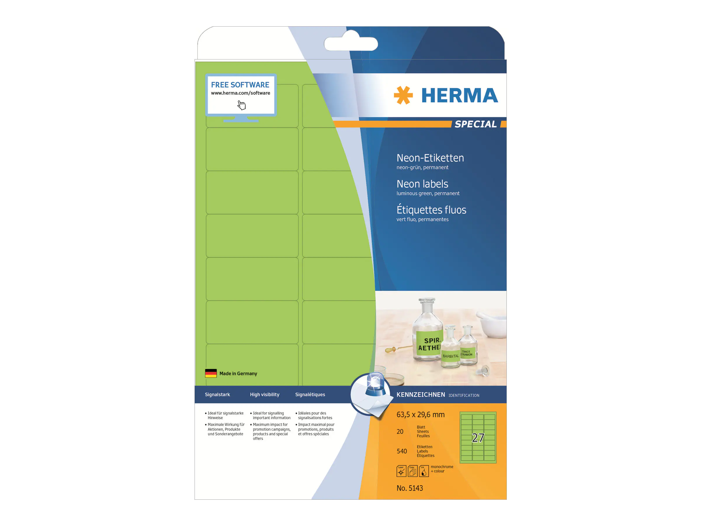HERMA Etikett 5143 63,5x29,6mm neongrün 540 St./Pack.