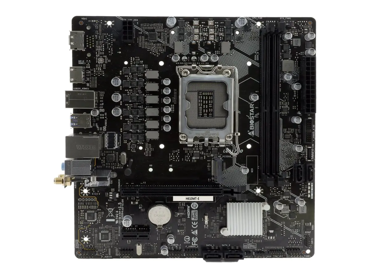 Biostar H610MT-E - Motherboard - micro ATX - LGA1700 Sockel - H610 Chipsatz - USB 3.2 Gen 1, USB-C 3.2 Gen2 - Gigabit LAN - Onboard-Grafik (CPU erforderlich)