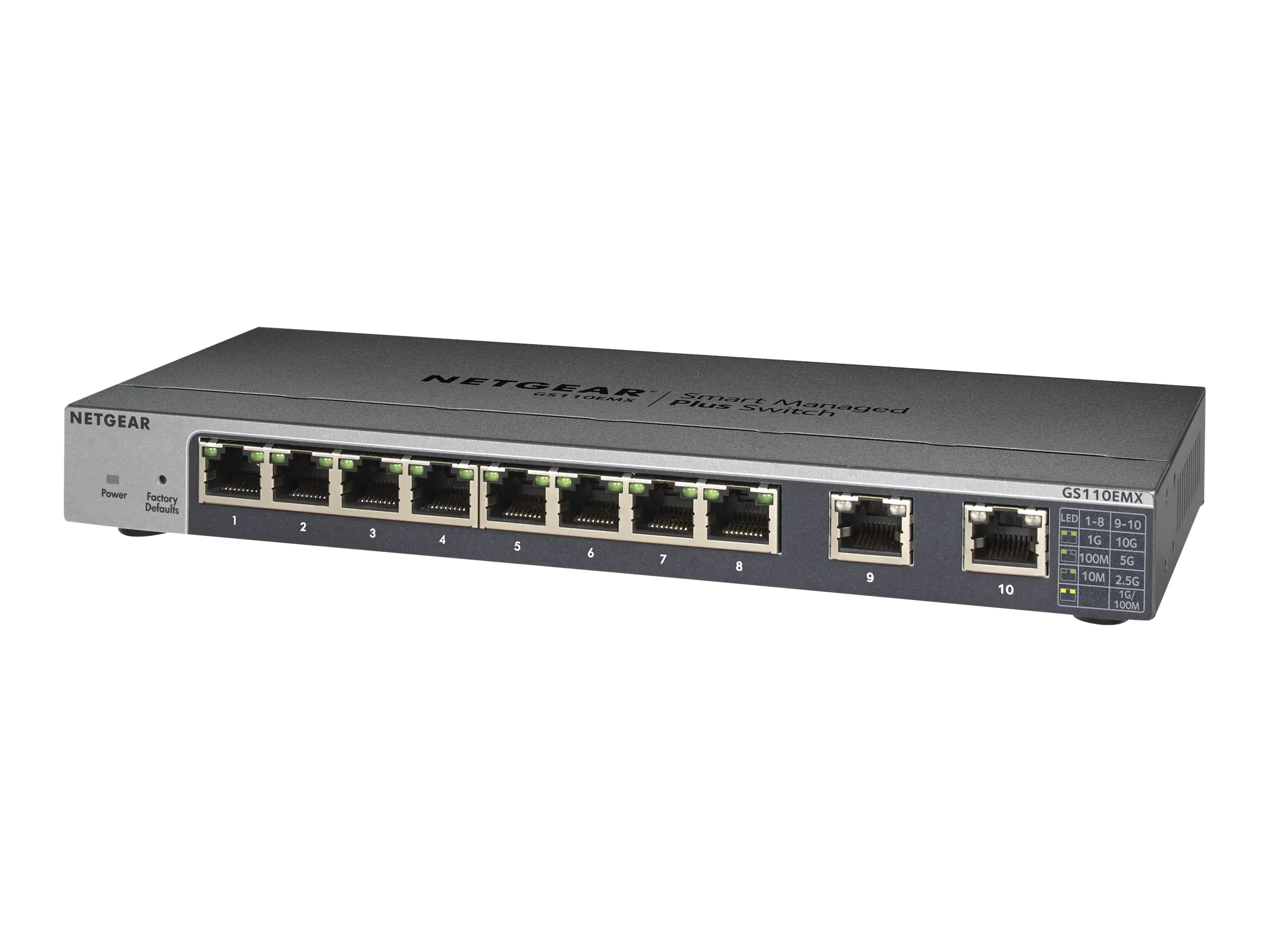 NETGEAR Plus GS110EMX - Switch - Smart - 8 x 1000Base-T + 2 x 100/1000/2,5 G/5 G/10 G (Uplink) - Desktop, an Rack montierbar, wandmontierbar - DC Power