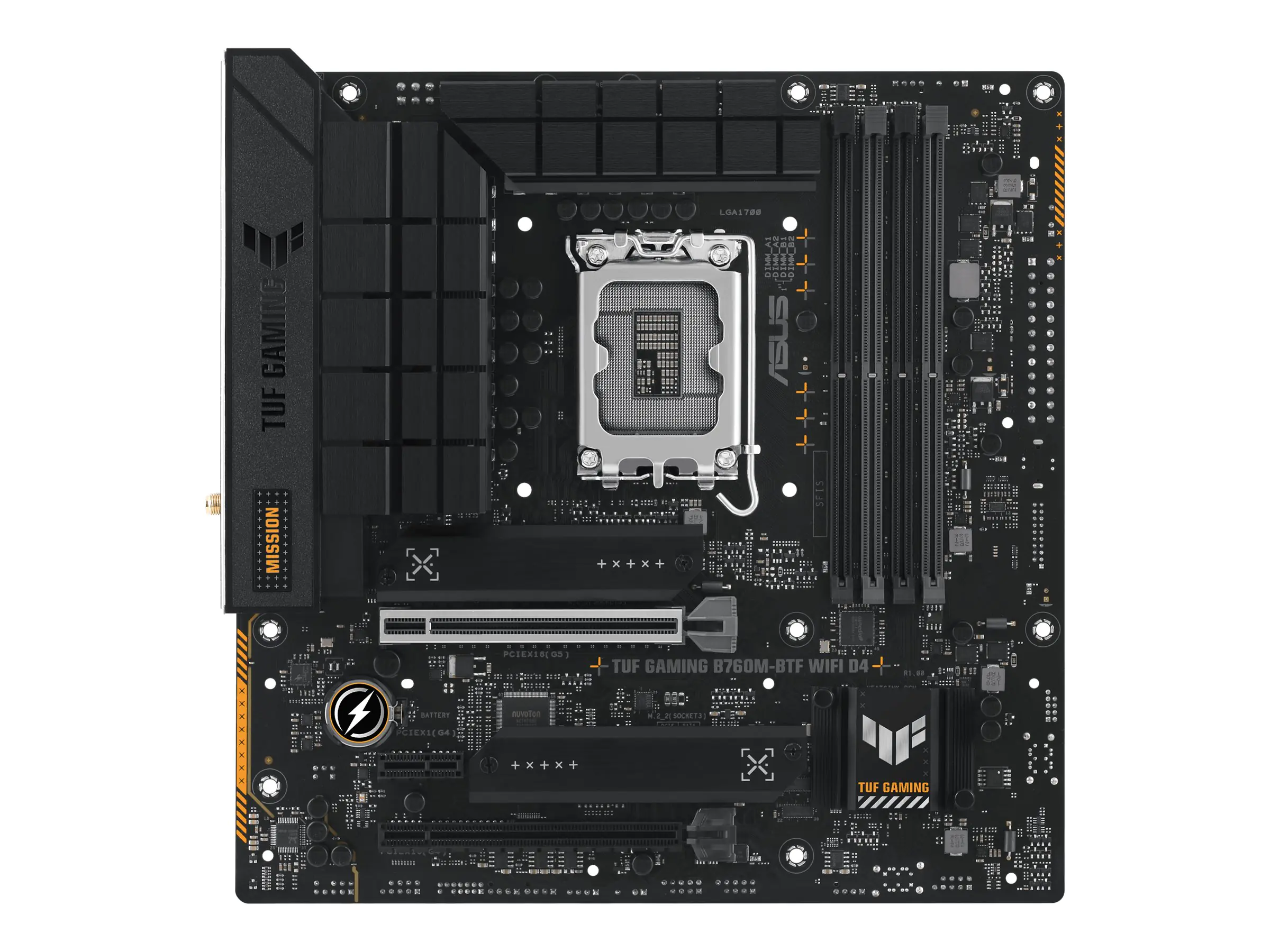 ASUS TUF GAMING B760M-BTF WIFI D4 - Motherboard - micro ATX - LGA1700 Sockel - B760 Chipsatz - USB-C 3.2 Gen 2x2, USB-C 3.2 Gen2, USB-C 3.2 Gen 1, USB 3.2 Gen 2, USB 3.2 Gen 1 - 2.5 Gigabit LAN, Wi-Fi 6, Bluetooth - Onboard-Grafik (CPU erforderlich)