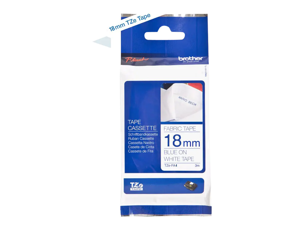 Brother Schriftband TZE-FA4 18 mm 3 m blau auf weiß aufbügelbar Brother Schriftband TZE-FA4 18 mm 3 m blau auf weiß aufbügelbar