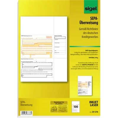 SIGEL Überweisung ZV570 DIN A4 für InkJet/Laser-Drucker 100 Bl./Pack. SIGEL Überweisung ZV570 DIN A4 für InkJet/Laser-Drucker 100 Bl./Pack.
