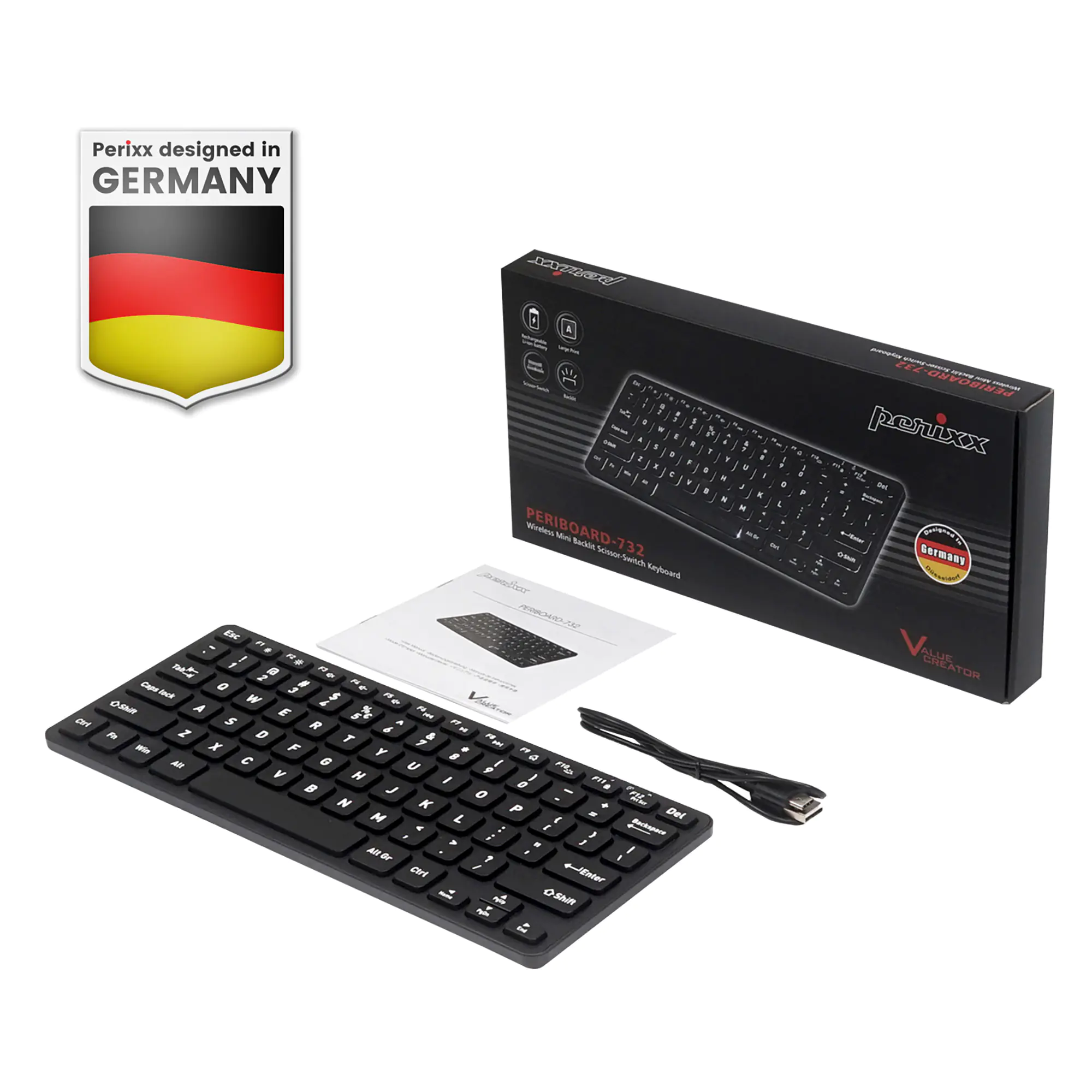 Perixx PERIBOARD-732B DE, Mini, Verkabelt & Kabellos, RF kabellos + USB, QWERTZ, Schwarz
