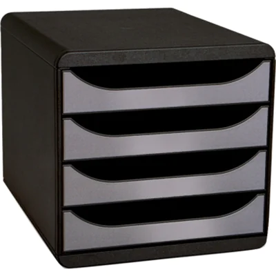 Exacompta Schubladenbox BIG-BOX 4 Schubladen DIN A4, Überbreite Polystyrol Gehäusefarbe: schwarz Farbe der Schublade: silber Exacompta Schubladenbox BIG-BOX 4 Schubladen DIN A4, Überbreite Polystyrol Gehäusefarbe: schwarz Farbe der Schublade: silber