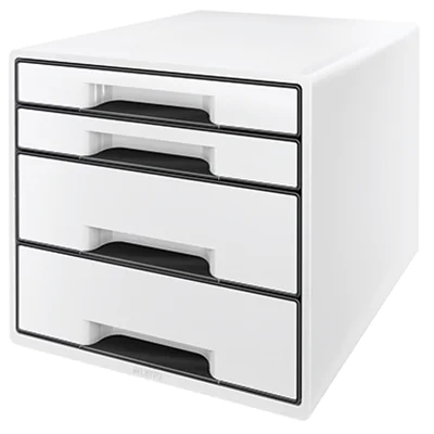 Leitz Schubladenbox CUBE 4 Schubladen DIN A4 Polystyrol Gehäusefarbe: weiß Farbe der Schublade: weiß/schwarz Leitz Schubladenbox CUBE 4 Schubladen DIN A4 Polystyrol Gehäusefarbe: weiß Farbe der Schublade: weiß/schwarz