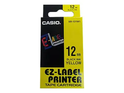 Casio XR-12YW1 - Selbstklebend - Schwarz auf Gelb - Rolle (1,2 cm x 8 m) 1 Kassette(n) Etikettenband - für Disc Title Printer CW-L300; KL 170, 60, 60SR, 780, 8100; Labemo MEP-K10