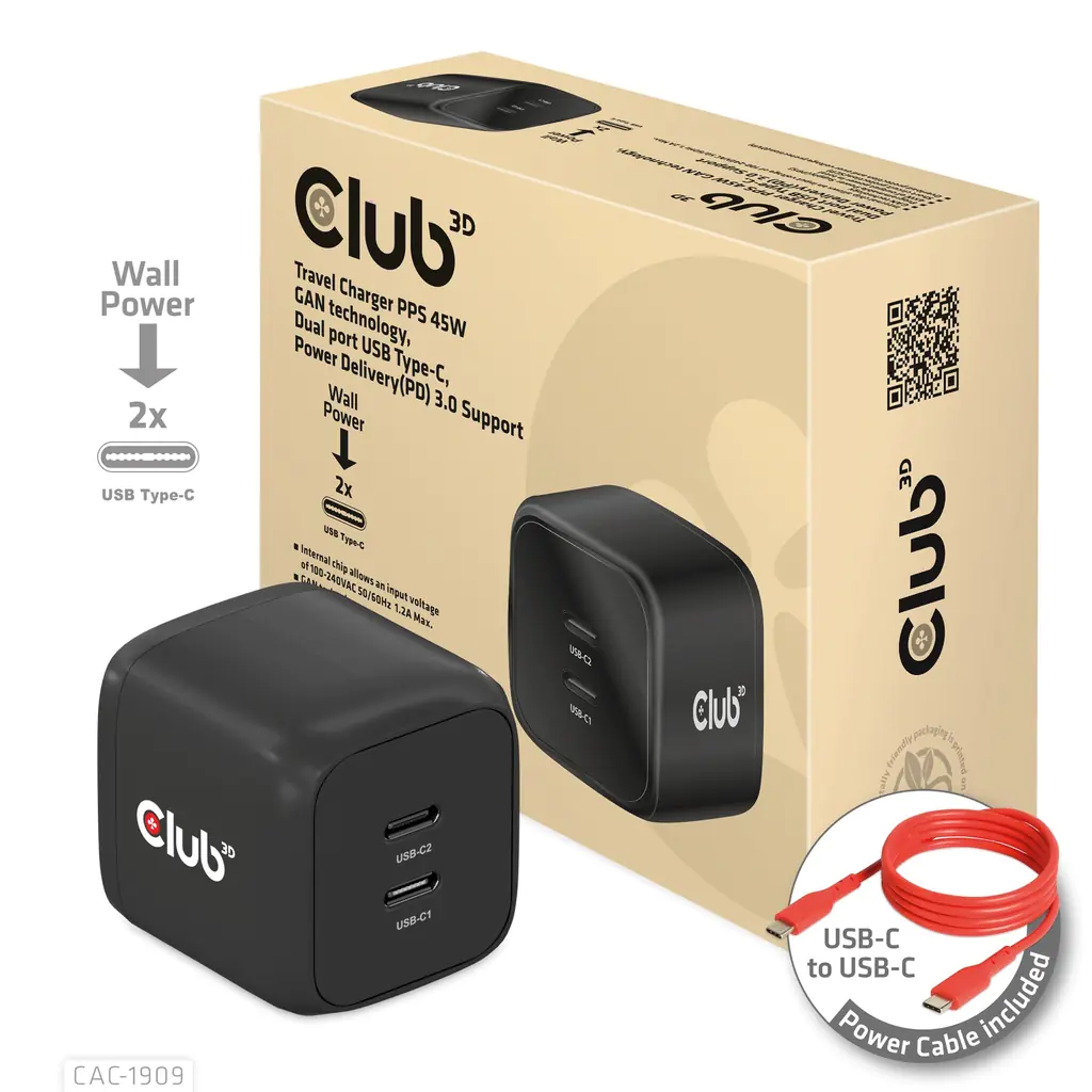 Club 3D Ladegerät PPS 45W GAN-Technologie, Power Delivery(PD) 3.0 Unterstützung CAC-1909EU