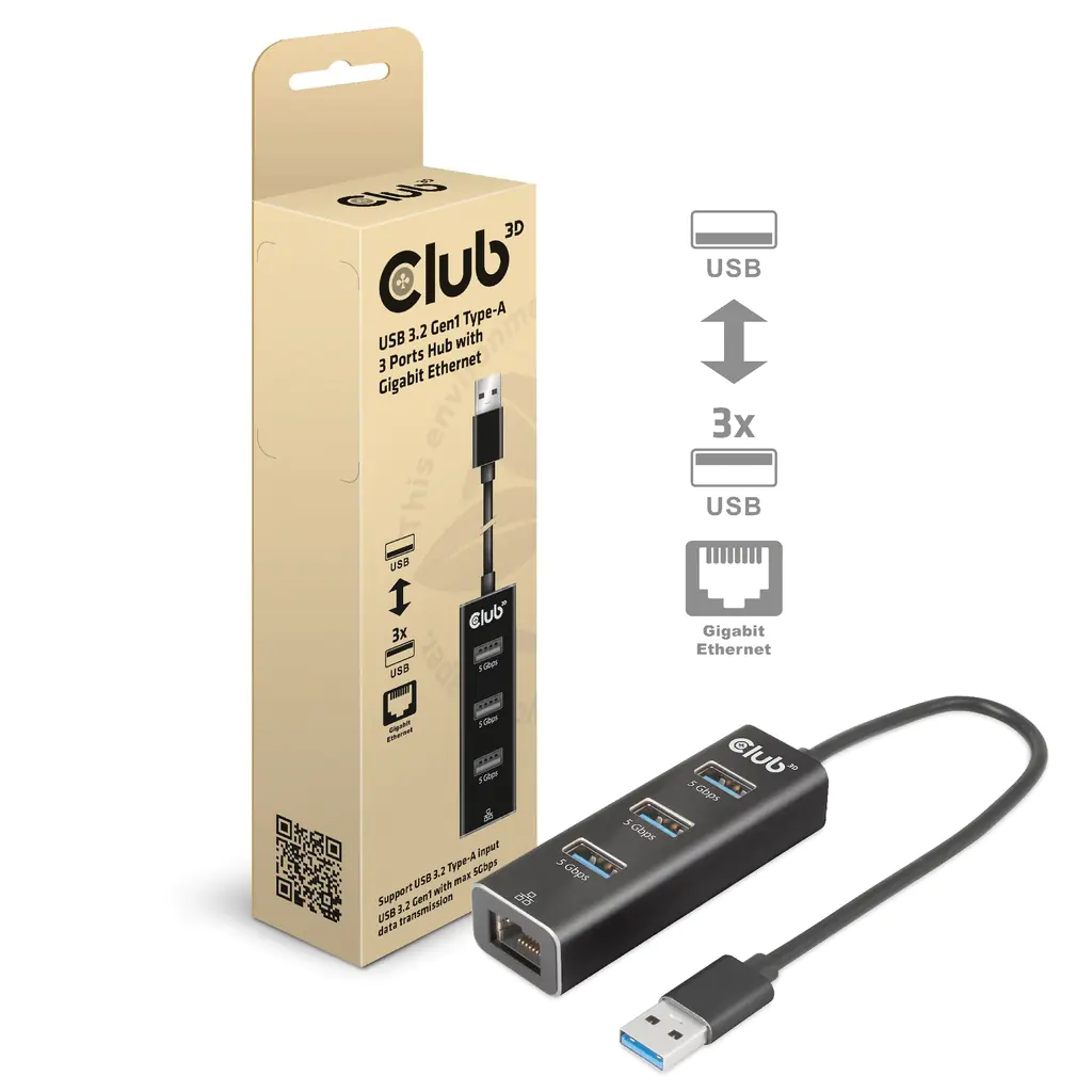 Club 3D USB 3.2 Gen1 Typ-A, 3 Ports Hub mit Gigabit Ethernet CSV-1430A