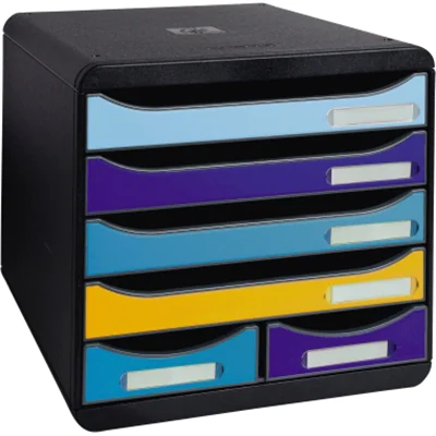 Exacompta Schubladenbox BIG-BOX Maxi 6 Schubladen DIN A4, Überbreite Polystyrol Gehäusefarbe: schwarz Farbe der Schublade: mehrfarbig Exacompta Schubladenbox BIG-BOX Maxi 6 Schubladen DIN A4, Überbreite Polystyrol Gehäusefarbe: schwarz Farbe der Schublade: mehrfarbig