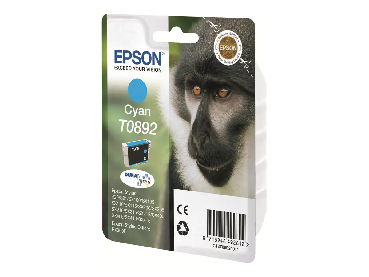 Epson T0892 - 3.5 ml - Cyan - Original - Blisterverpackung - Tintenpatrone - für Stylus S21, SX105, SX110, SX115, SX210, SX215, SX400, SX410, SX415; Stylus Office BX300