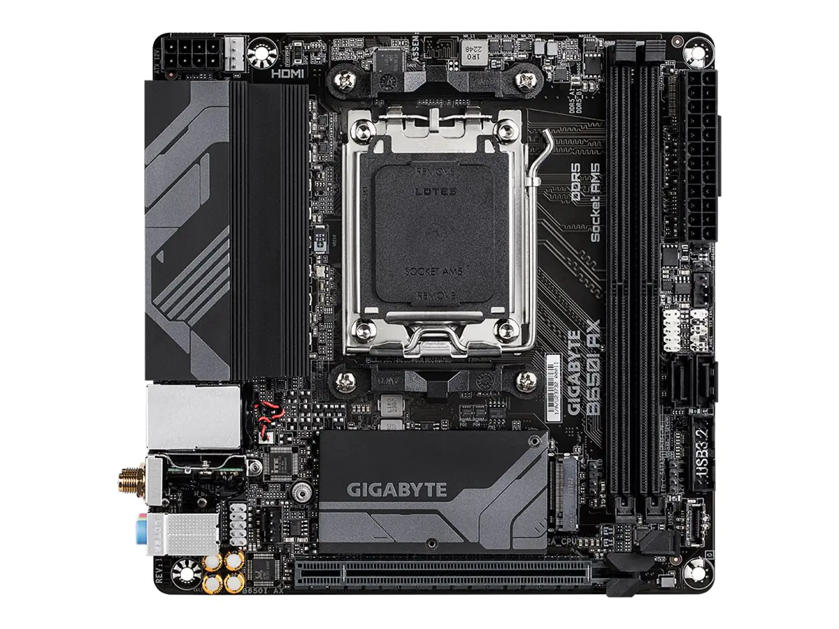 Gigabyte B650I AX - 1.0 - Motherboard - Mini-ITX - Socket AM5 - AMD B650 Chipsatz - USB 3.2 Gen 1, USB-C 3.2 Gen 1, USB 3.2 Gen 2 - 2.5 Gigabit LAN, Wi-Fi 6E, Bluetooth - Onboard-Grafik (CPU erforderlich) - HD Audio (8-Kanal) Gigabyte B650I AX - 1.0 - Motherboard - Mini-ITX - Socket AM5 - AMD B650 Chipsatz - USB 3.2 Gen 1, USB-C 3.2 Gen 1, USB 3.2 Gen 2 - 2.5 Gigabit LAN, Wi-Fi 6E, Bluetooth - Onboard-Grafik (CPU erforderlich) - HD Audio (8-Kanal)