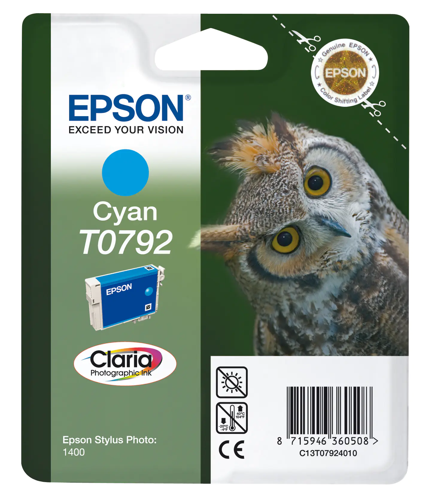 Epson T0792 - 11.1 ml - Cyan - original - Blisterverpackung - Tintenpatrone - für Stylus Photo 1500, P50, PX650, PX660, PX710, PX720, PX730, PX800, PX810, PX820, PX830 Epson T0792 - 11.1 ml - Cyan - original - Blisterverpackung - Tintenpatrone - für Stylus Photo 1500, P50, PX650, PX660, PX710, PX720, PX730, PX800, PX810, PX820, PX830