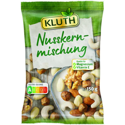 KLUTH Nussmischung Walnusskernen, knackigen Haselnusskernen, milden Cashewkernen, Mandelkernen 150 g/Pack. KLUTH Nussmischung Walnusskernen, knackigen Haselnusskernen, milden Cashewkernen, Mandelkernen 150 g/Pack.
