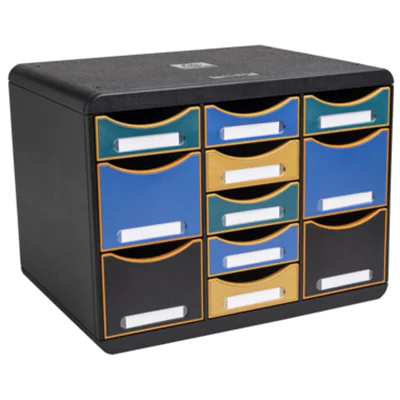 Exacompta Schubladenbox STORE-BOX Multi 11 Schubladen Polystyrol Gehäusefarbe: schwarz Farbe der Schublade: mehrfarbig Exacompta Schubladenbox STORE-BOX Multi 11 Schubladen Polystyrol Gehäusefarbe: schwarz Farbe der Schublade: mehrfarbig