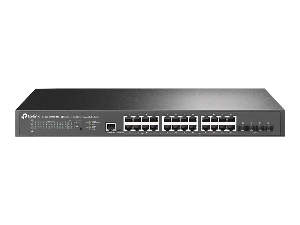 TP-Link JetStream TL-SG3428XPP-M2 V1 - Switch - L2+ - managed - 16 x 10/100/1000/2.5G (PoE+) + 8 x 10/100/1000/2500 (PoE++) + 4 x 10 Gigabit SFP+ - an Rack montierbar - PoE++ (500 W)