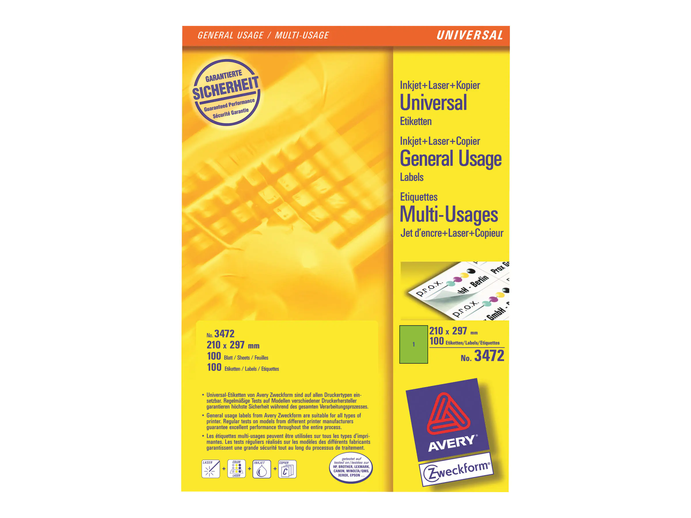 Avery Zweckform Universaletikett 3472 210x297mm grün 100 St./Pack.